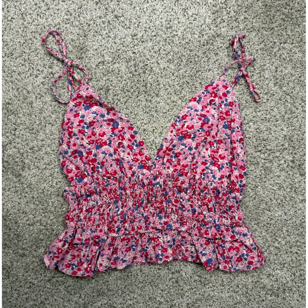 Sim & Sam Camisole Floral Medium Pink Smocked Tie Strap V-Neck Peplum Top